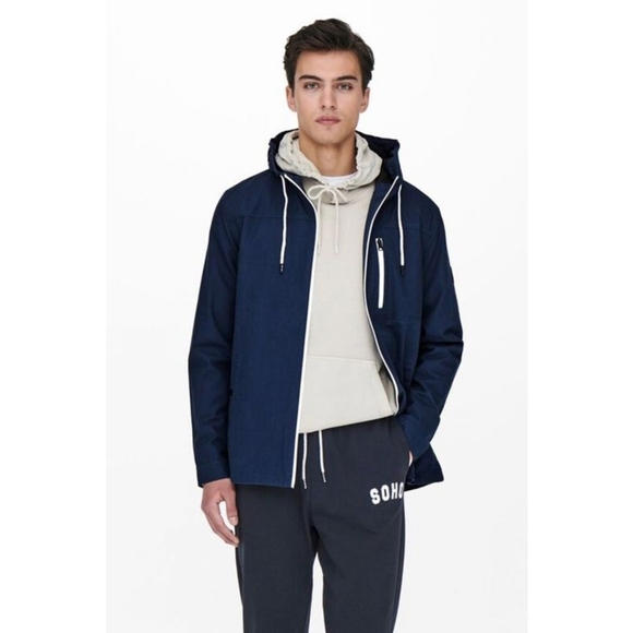 ONLY & SONS Men's Dark Blue Hooded Zipped Windbreaker ~ Size Small - Picture 2 of 15